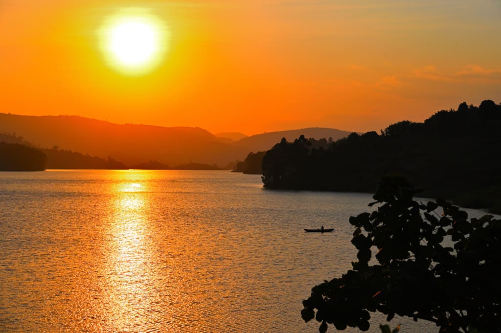 Sunset over Lake Bunyonyi on our Uganda safari