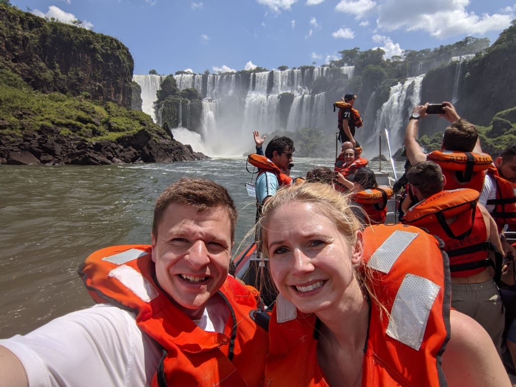 Selfie of us on our boat ride to Iguazu Falls from the Argentina side