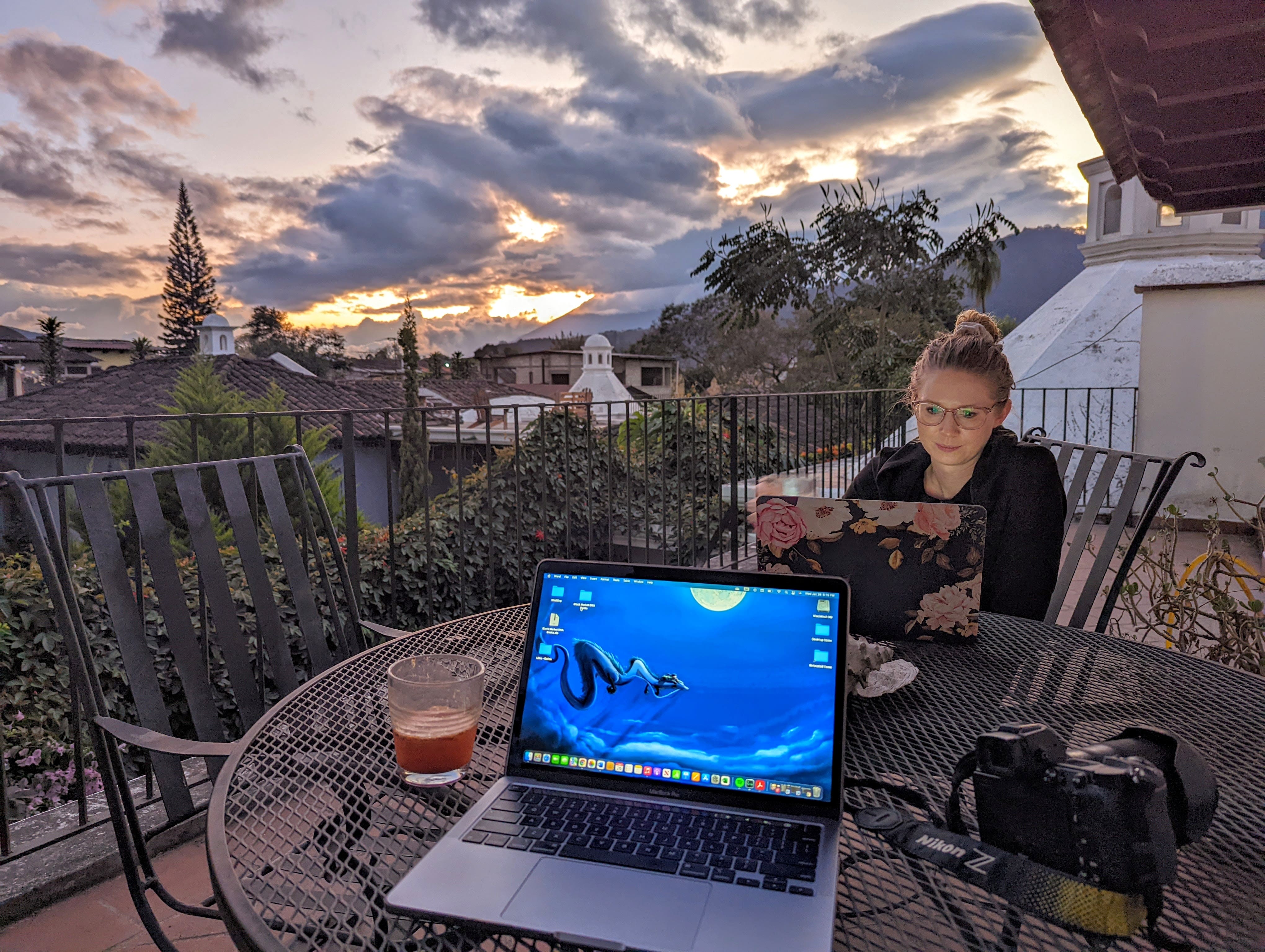 Us working in Antigua, showing some of our gear we packed for a year travel abroad