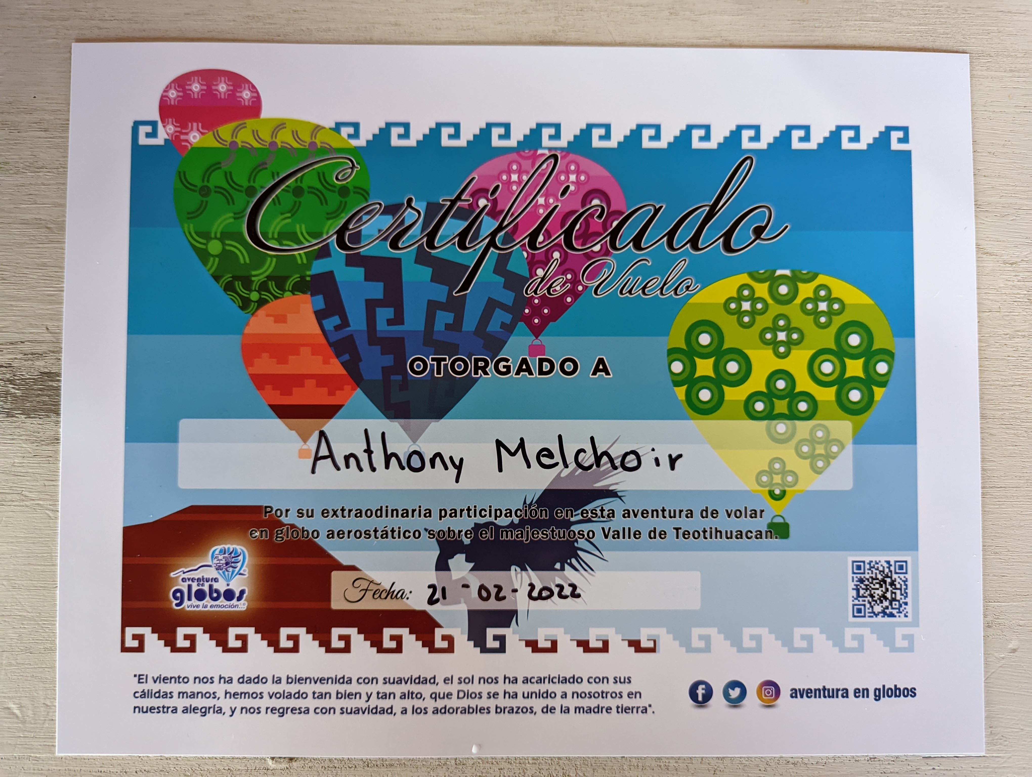 Certificate for doing a balloon flight over Teotihuacan