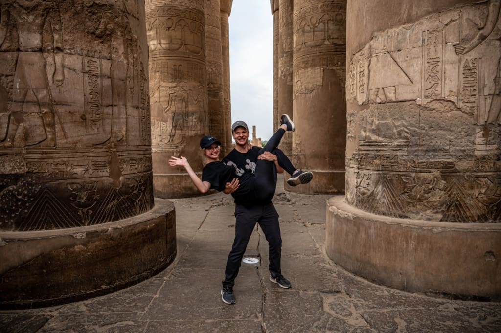 Us at Kom-Ombo' unique temple, beneath the colossal columns