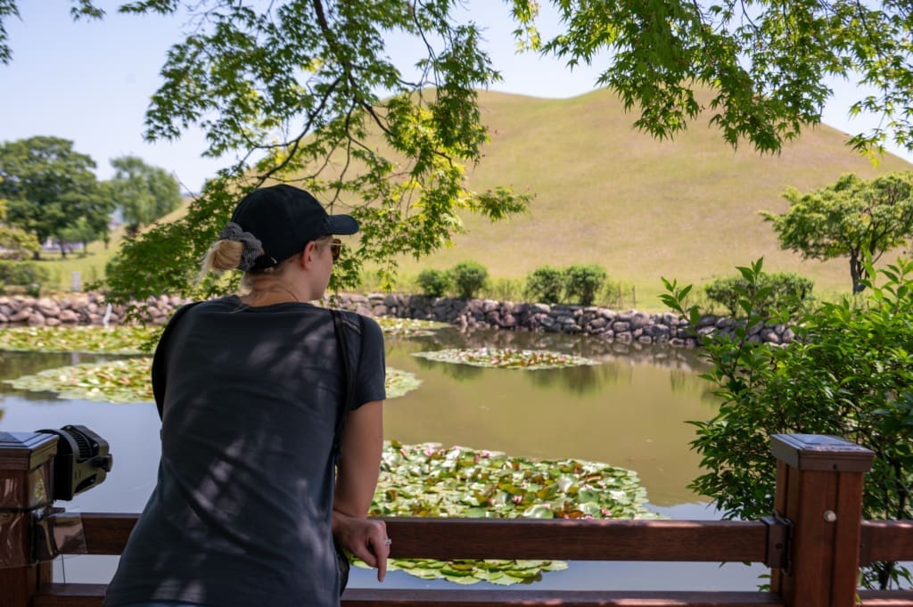Katarina enjoying the pond and tomb views in Gyeongju