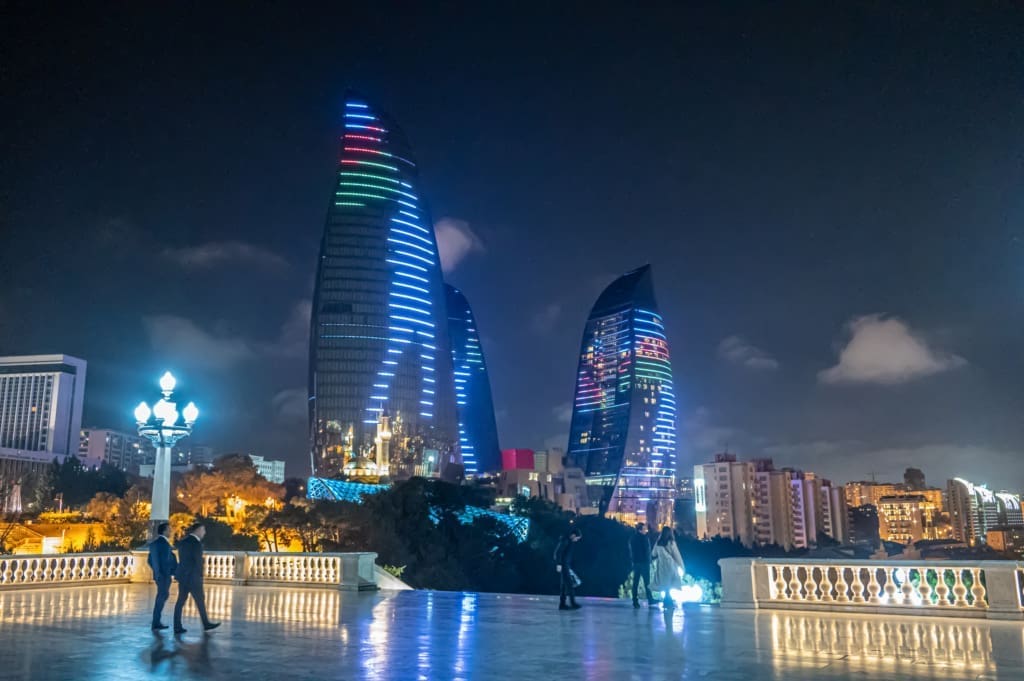 Flame Towers in Baku on Day 1 of our itinerary