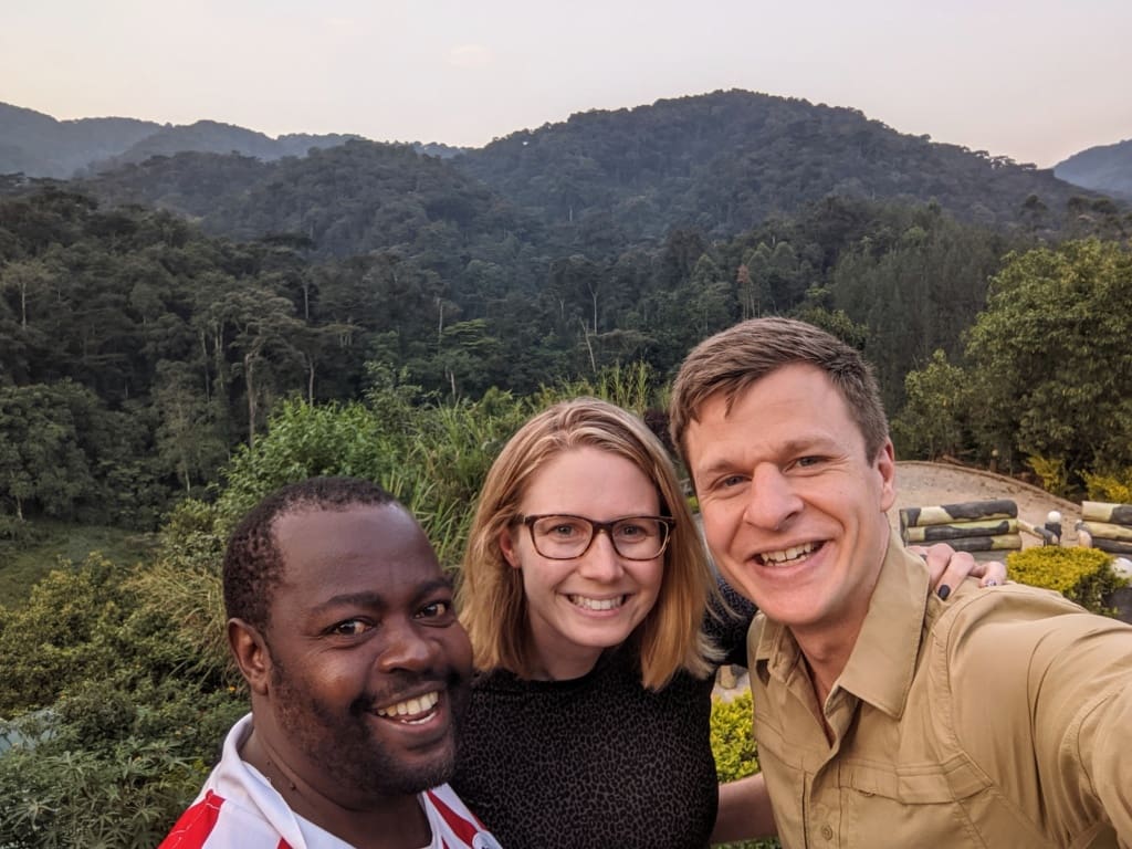Emma and us after a successful Gorilla trek adventure in Uganda on safari