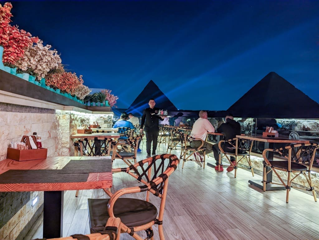 Night time views of the pyramid and dinner with a view
