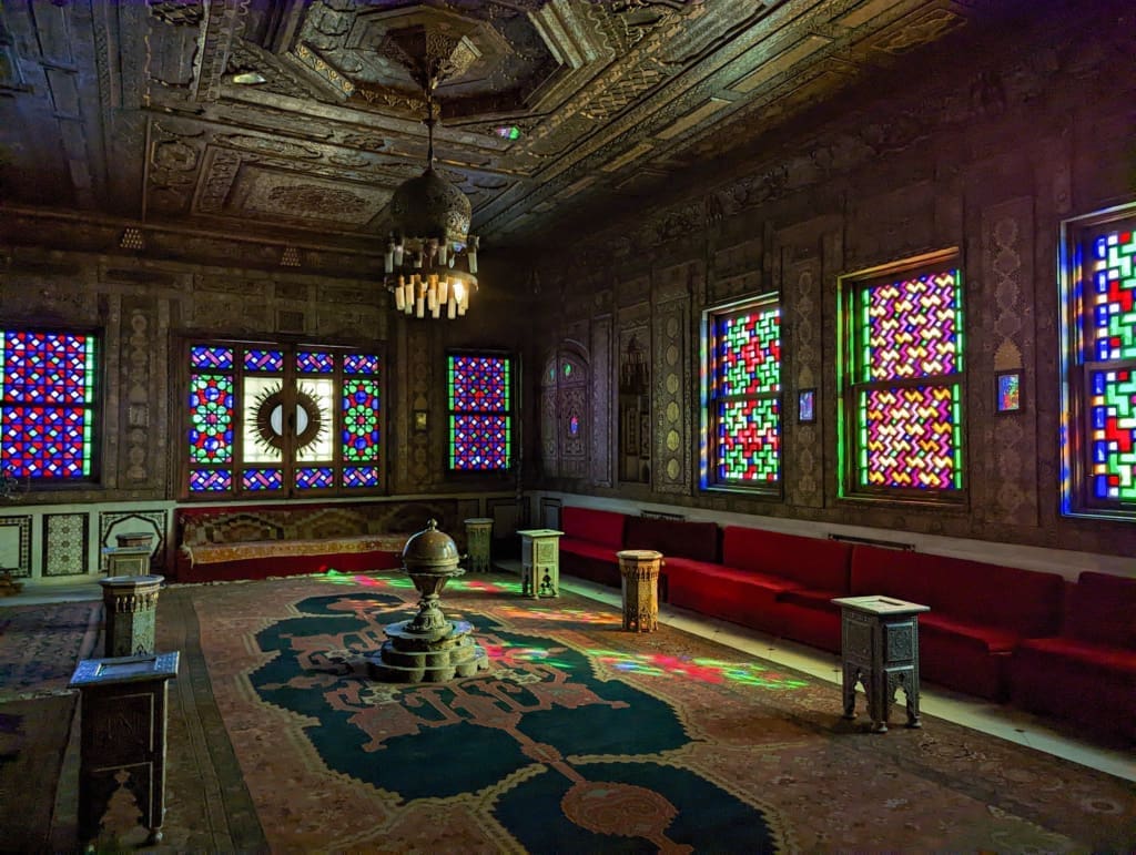 Gorgeous stained glass glowing in Prince Mohamed Ali Palace in our last day on our Egypt Itinerary